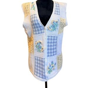 Jantzen Vintage Blue Yellow Embroidered Patchwork Knit Spring Vest Women's Small